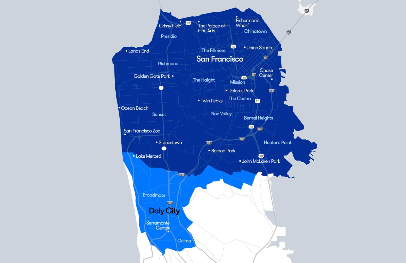 Waymo map showing expanded San Francisco service area.